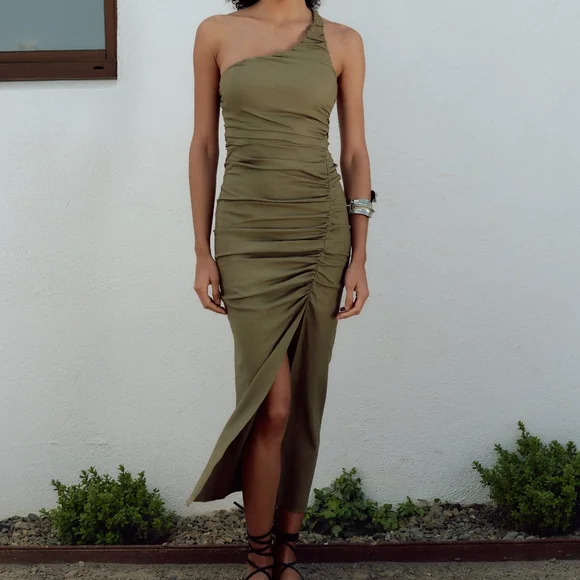 ZARA RUCHED ASYMMETRICAL LINEN BLEND DRESS - Picture 3 of 14